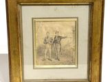 an old drawing of two boys with guns in a gold frame