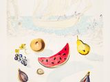 a picture of a watermelon, fruit, and chocolates on a table