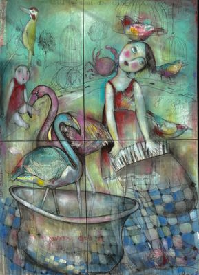 a painting of a woman and two birds in a bathtub