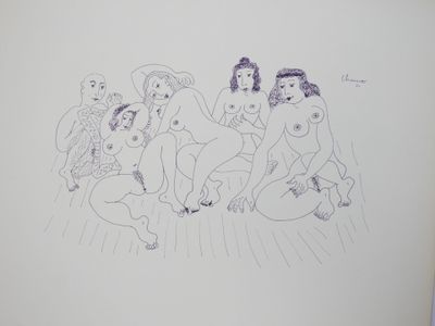a drawing of a group of naked women sitting on the floor