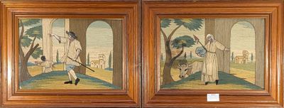 two paintings of a man and a woman are hanging on a wall