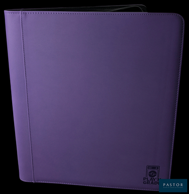 un classeur violet avec un logo noir dessus