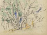 dessin représentant un groupe de personnes dans un parc, avec un arbre