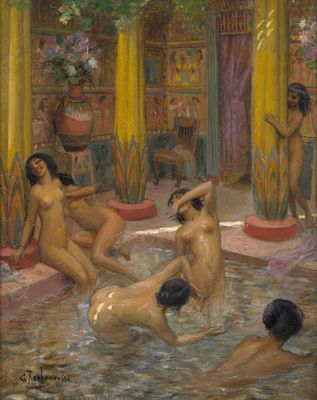 une image représentant un tableau montrant un groupe de nus dans une piscine