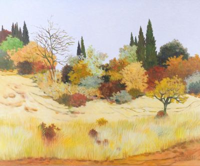 une peinture d'un champ avec des arbres en arrière-plan