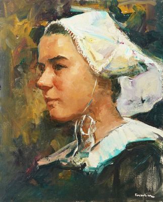une peinture à l'huile représentant une femme portant un chapeau blanc