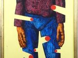 painting of a man in a purple shirt and blue pants with red hearts on his pants