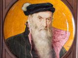 painting of a bearded man in a pink shirt and black hat