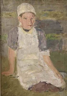 une peinture à l'huile représentant une femme vêtue d'un tablier blanc et d'un chapeau, assise par terre