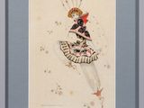tableau représentant une femme en robe avec un oiseau sur la tête