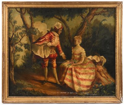 une peinture à l'huile représentant un homme et une femme dans un décor boisé