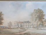 tableau représentant une grande maison blanche dans un parc avec des arbres et des buissons