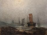 an image of a painting of a boat in a body of water on a foggy day