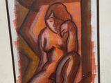 tableau représentant une femme assise par terre devant un mur