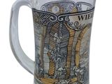 a glass mug with a picture of a man and a woman on it
