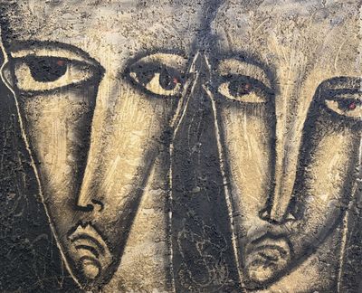 painting of three faces on a concrete wall with black and white paint