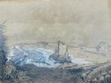 a painting of a view of a beach and a body of water