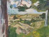 une peinture à l'huile représentant un paysage avec des arbres et une route