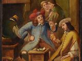 tableau représentant un groupe d'hommes assis autour d'une table dans une pièce