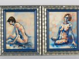 two paintings of nudes in blue frames on a white wall