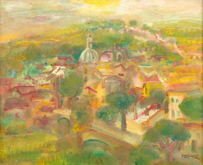 an image of a painting of a town with a bridge over it
