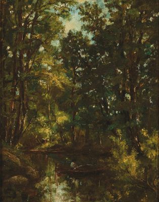 a painting of a river in a wooded area surrounded by trees