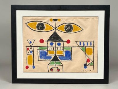une peinture représentant une image d'un bâtiment sur lequel est dessiné un visage