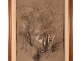 a painting of a desert scene with trees and bushes in the foreground