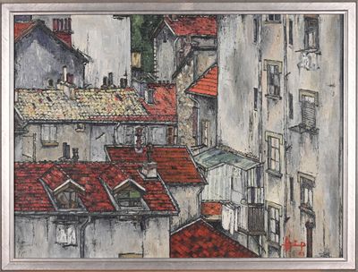 tableau représentant une vue d'une ville aux toits rouges et aux bâtiments blancs