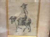 dessin encadré représentant un homme à cheval, coiffé d'un chapeau