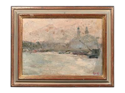 Ecole XXe Grues sur le port Huile sur panneau Portant une si…