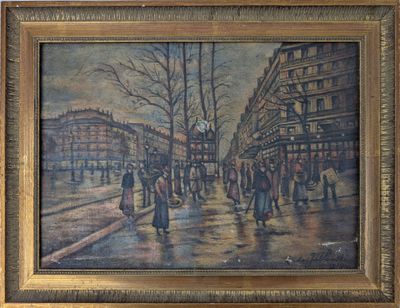 tableau représentant une scène de rue en ville avec des passants marchant sur le trottoir
