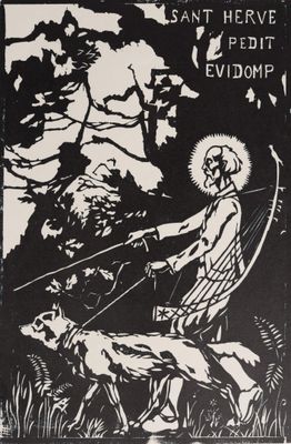 a black and white image of a man with a bow and a dog