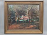 un tableau représentant une maison dans un environnement boisé, avec des arbres