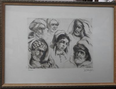 dessin représentant un groupe de personnes portant un foulard, dans un cadre