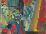une peinture représentant une peinture abstraite d'un vase contenant des fleurs