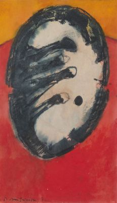 une image représentant une peinture d'une balle noire et blanche posée sur une surface rouge