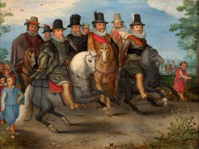une peinture représentant un groupe de personnes à cheval
