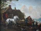 a painting of a horse and people in front of a house