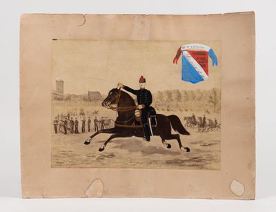an old picture of a man riding a horse with a kite in the background
