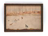 painting of a man and his dogs playing in a pond