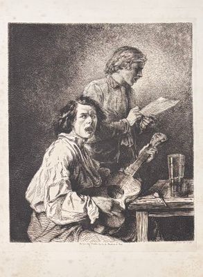 un vieux dessin en noir et blanc représentant un homme et une femme assis à une table