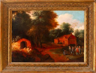 an oil painting of a farm scene with a red barn in the background