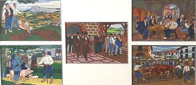 Plusieurs tableaux représentant des personnes sont accrochés au mur d'un immeuble.