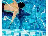 painting of a man swimming in a pool with blue tiles