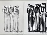 deux dessins en noir et blanc représentant un groupe de personnes debout devant une clôture
