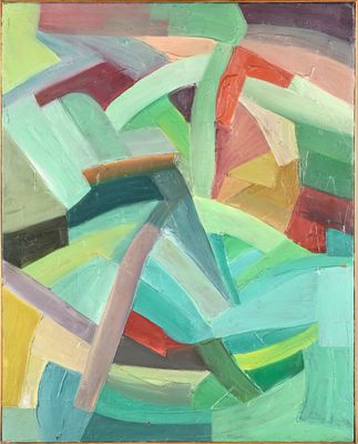 une peinture à l'huile représentant une œuvre abstraite aux couleurs vives, montée sur un châssis en bois