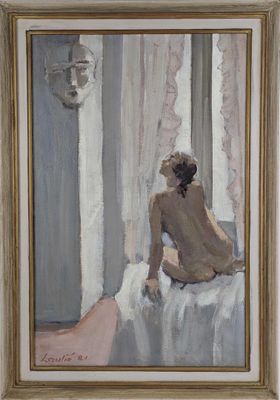 une peinture à l'huile représentant une femme nue assise sur un lit