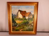 une peinture à l'huile représentant une maison blanche au toit rouge, dans un cadre doré