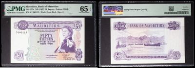three different types of currency are on display in a display case